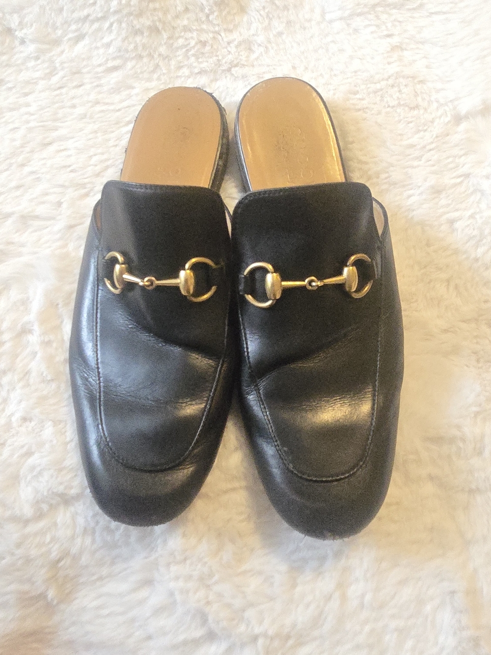 Gucci Black Leather Horsebit Mules with Gold Hardware